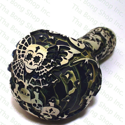 Liberty Glass Deep Sand Carved Day Of The Dead Spoon Pipe - Tha Bong Shop
