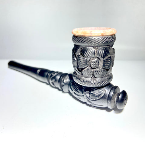 Carved Wooden Pipe With Stone Lined Bowl